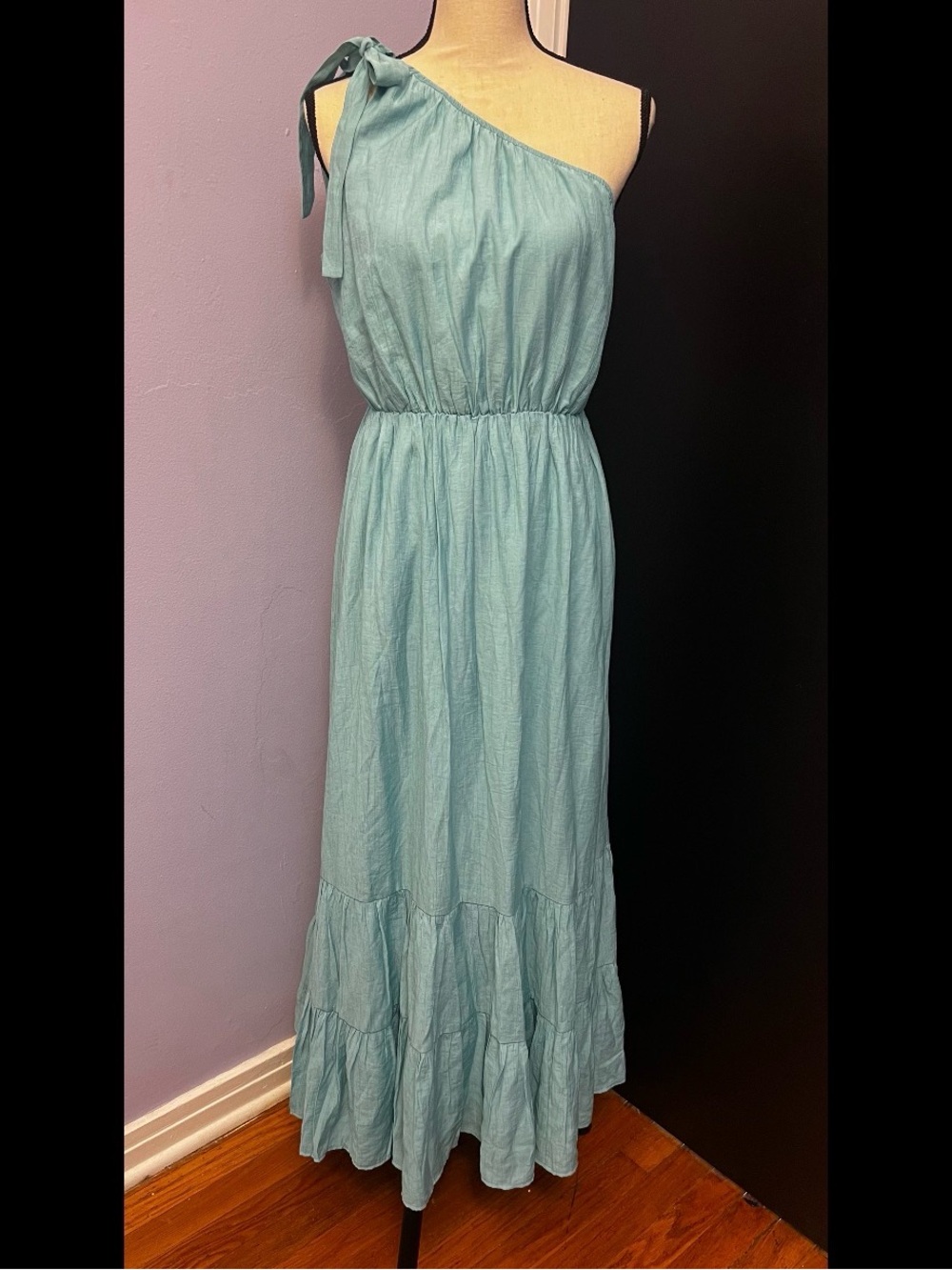 The Sarah One-Shoulder Aqua Maxi Dress with Tie Shoulder - Picture 4 of 5